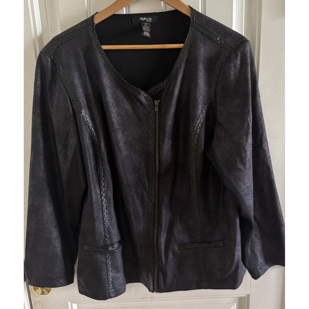 Style & Co. Women Faux Leather Long Sleeve Zip Front Shirt Jacket Black Size 2X